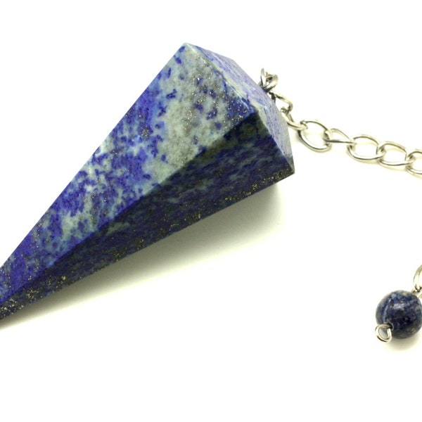 Pendule Métal Argenté Rhodium et Pierre Lapis Lazuli Prisme Triangle Facetté 72mm bleu gris doré