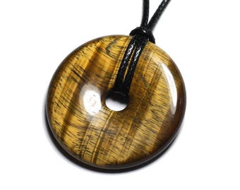 Collier Pendentif en Pierre - Oeil de Tigre Rond Cercle Donut Pi 40mm Marron Doré Bronze Noir