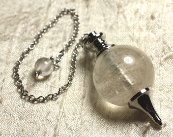 Rhodium Silver Metal Pendulum and Semi Precious Stone - Rock Crystal Quartz Ball 25mm