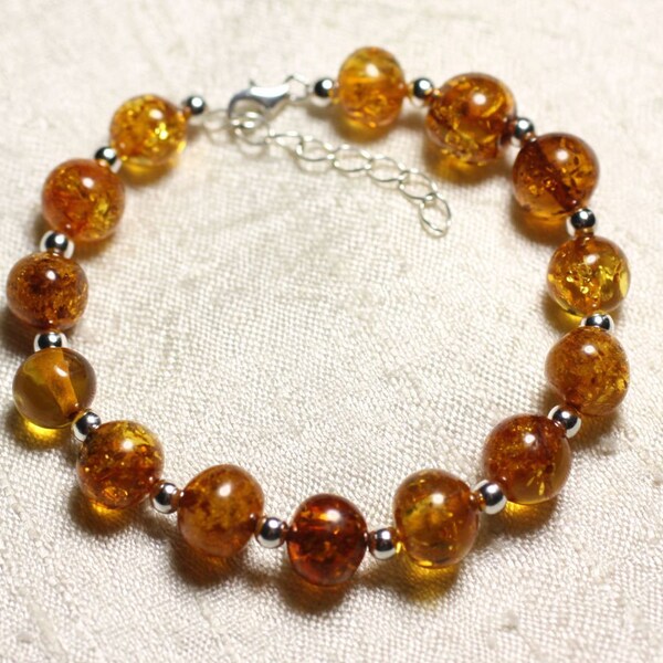 Bracelet Argent 925 et Pierre Ambre naturelle baltique Orange Cognac Boules pailletées