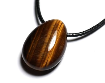 Stone Pendant Necklace - Tiger Eye Drop 25mm Brown Gold