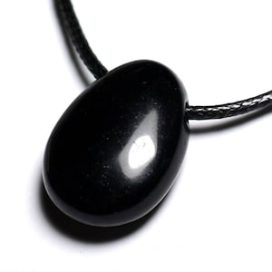 Semi Precious Stone Pendant Necklace Black Obsidian Drop 25mm image 1