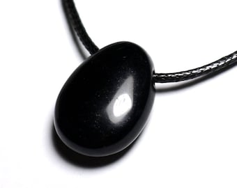 Semi Precious Stone Pendant Necklace - Black Obsidian Drop 25mm