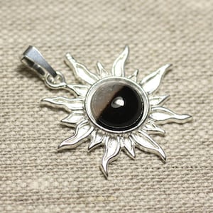 Pendant 925 sterling silver and black and white Agate stone - Sun 28 mm - 10mm round