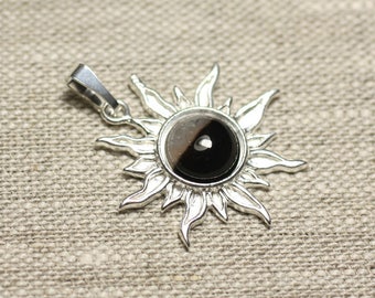 Pendentif Argent 925 et Pierre - Soleil 28mm - Agate noire et blanche rond 10mm