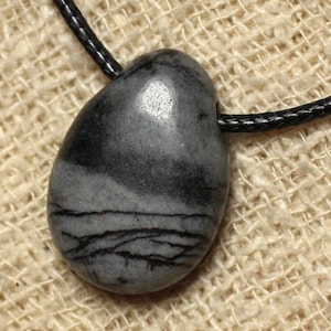 Stone Pendant Necklace - Zebra Jasper Drop 25mm white gray black