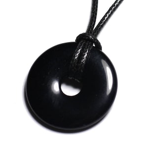 Semi Precious Stone Pendant Necklace - Black Obsidian Donut Pi 30mm