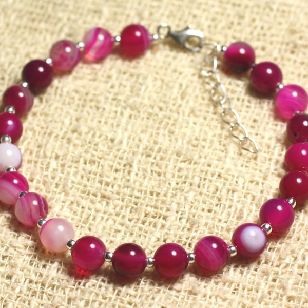 925 Silver Bracelet and Stone - Fuchsia Pink Agate 6mm