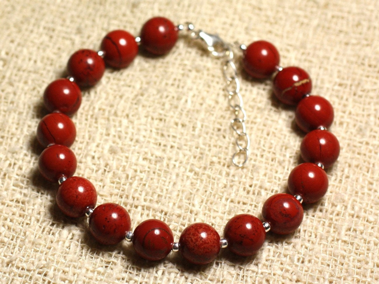 Bracelet En Argent 925 Avec Pierre De Jaspe - Longueur 23-24 Cm, Fermoir Crochet, Neuf Sans Emballage