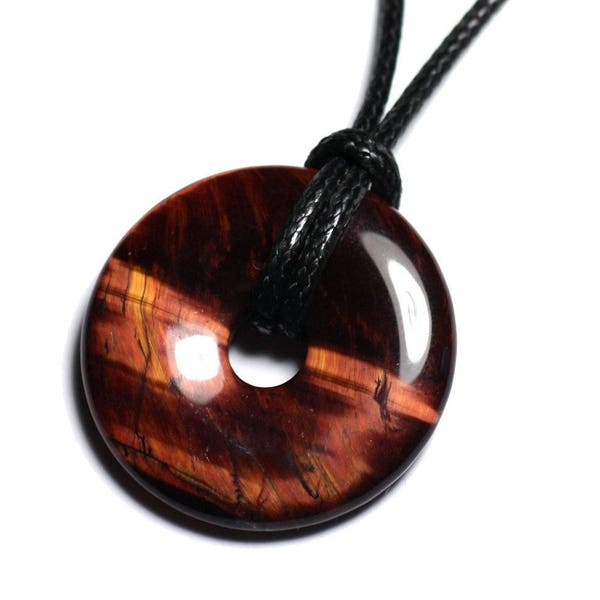 Stone Pendant Necklace - Eye Red Tiger Bull Round Circle Donut Pi 30mm Burgundy Red