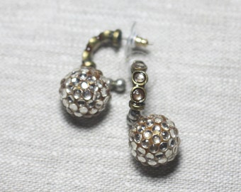 Boucles oreilles Résine et CCB Blanc Boules strass 15mm - Ethnique Vintage designer francais - 8741140026278