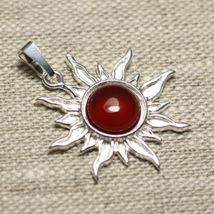 Pendant 925 sterling silver and carnelian stone - Sun 28 mm - 10mm round