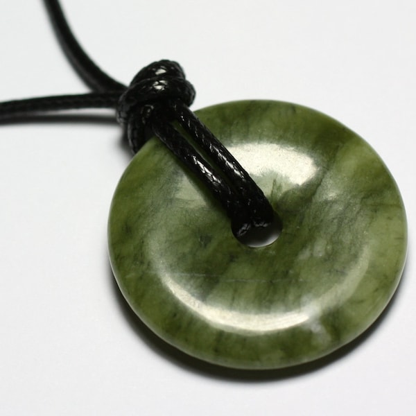 Collier Pendentif Pierre Rond Cercle Anneau Donut Pi 30mm Jade naturel vert kaki