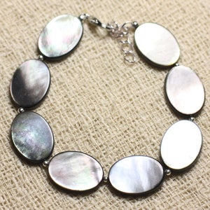 Armband i 925 sterlingsilver med ovala snäckor av naturlig pärlemor, 18x13 mm, skimrande grått, svart och silver