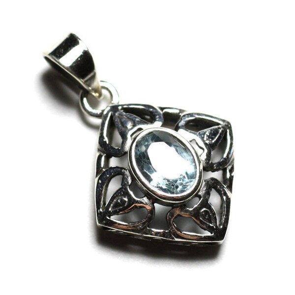 PE110 - Pendentif Argent 925 et Pierre - Losange Filigrane Arabesques 20mm Topaze Bleue