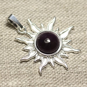 Pendant 925 sterling silver and Amethyst stone - Sun 28 mm - 10mm round
