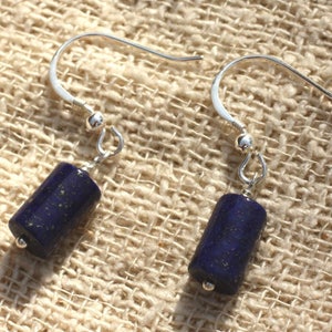 925 Silver Earrings and Lapis Lazuli Columns Tubes 10x6mm midnight blue gold N1