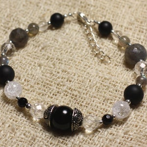 925 Silver Bracelet and Stone Beads Onyx, Labradorite, Crystal 4-10mm