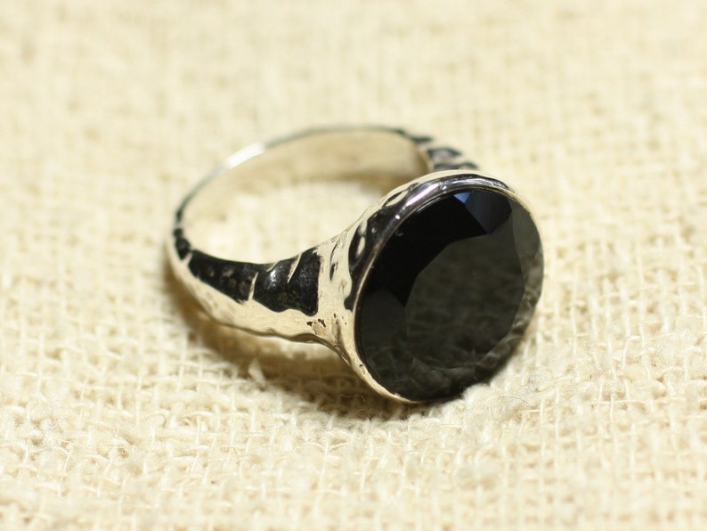 N120 Bague Argent 925 et Pierre Onyx noir Facetté Rond 15mm image 2