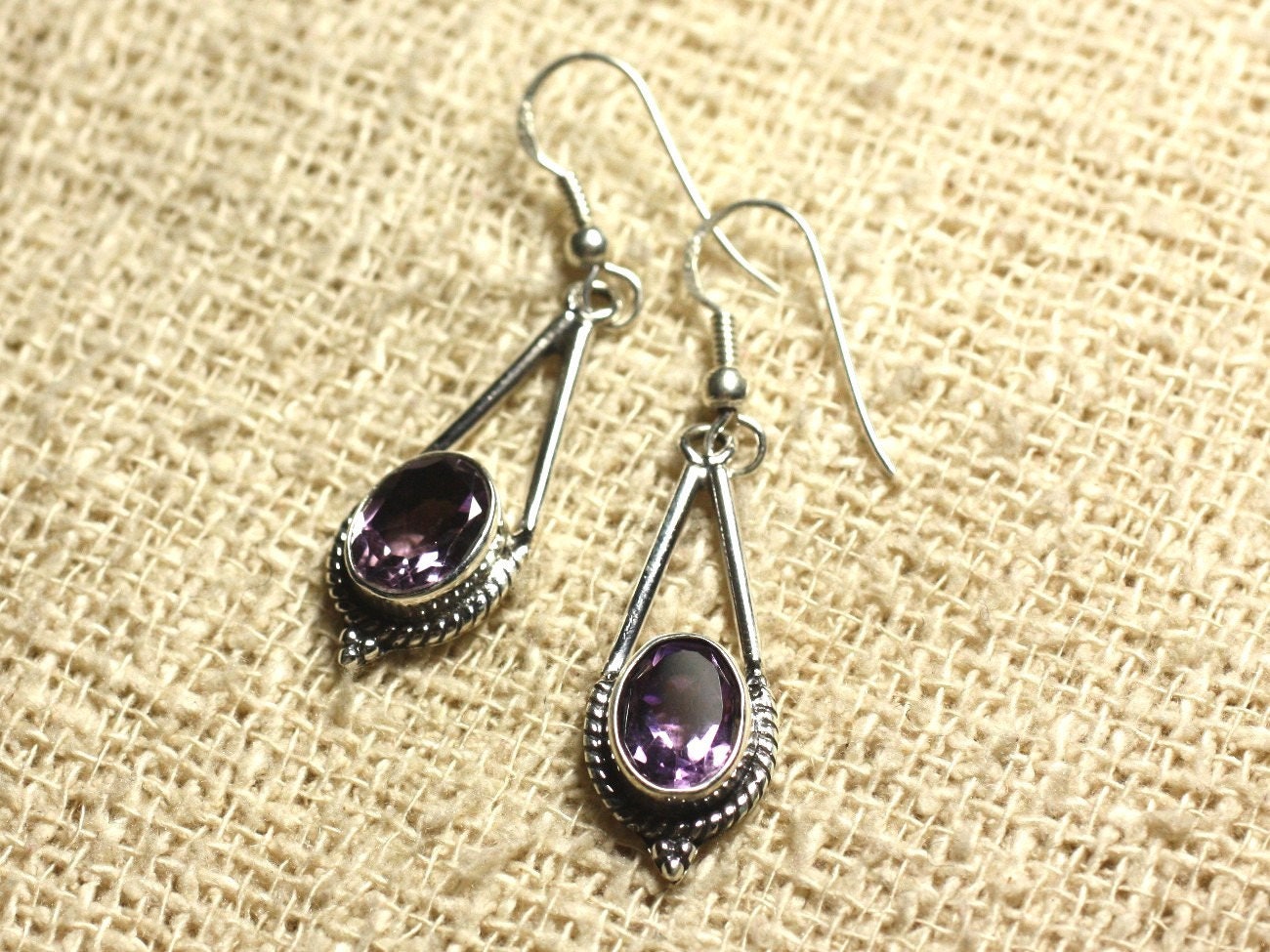 Boucles D'oreilles Argent 925 Avec Améthystes Facettées - BO-AR-178 - Neuf Avec étiquettes
