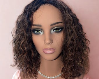 12" Sun-kissed bronde with honey balayage Curly Human Hair Wig