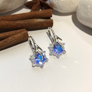 Small earrings Snowflakes on Swarovski crystal branch golden reflections / rainbow and solid silver