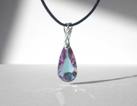 Necklace with leather cord and purple stained glass Swarovski drop pendant