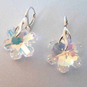 Peut inclure: Une paire de boucles d'oreilles en forme de flocon de neige argentées avec des cristaux clairs irisés. Les boucles d'oreilles ont une fermeture à crochet.
