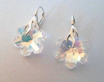 Snowflakes on branch earrings in Swarovski crystal with golden reflections and solid silver