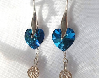 Boucles d'oreilles argent massif et cœur Swarovski bleu