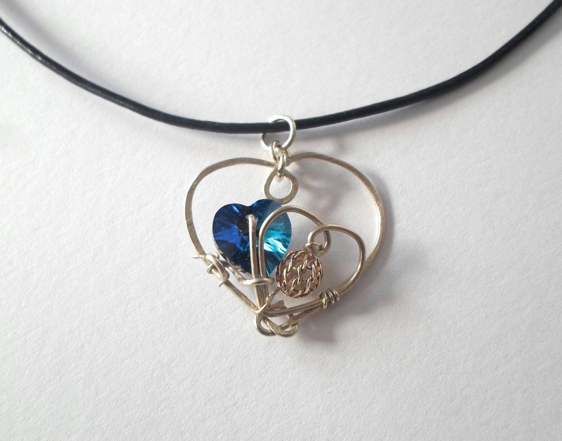 Heart pendant and leather cord Necklace blue Swarovski and Sterling Silver 925