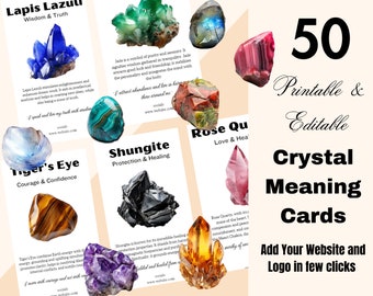Editable Crystal Meaning Cards, Printable Gemstone Meaning Cards, Crystal Cards with Meaning of Stones, Crystal meaning business cards