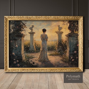 Romantic Vintage-Style Printable Art | Woman in Rose Garden at Pastel Sunset | Feminine Wall Decor Download