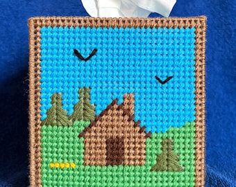 Handmade Plastic Canvas Countryside Cabin Tissue Box Cover