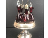 Antique Victorian Ruby Cut to Clear Bohemian Art Glass 5 piece Cruet Castor Set signed Reed Barton.