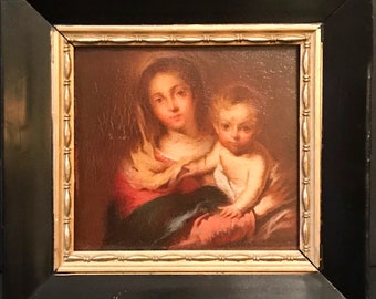額入りドイツ派 19世紀後半の油絵 - 聖母マリアと幼子イエスの