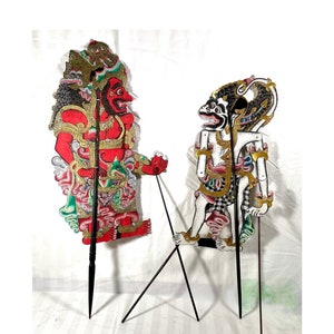 Vintage Articulated Shadow Puppets, Wayang Purwa, Balinese White & Red Rod Puppets.