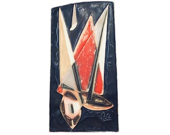 MidCentury Modern Large Relief  Tile Handmade Fat Lava Helmut Schaffenacker Ceramic Wall Plaque Sail Boats Colorful Abstract West German Art