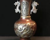 Antique Japanese Bronze with Silver Overlay MEIJI Vase, Small Decorative Urn Dragon Handles