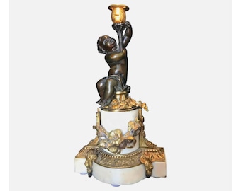 Antique Louis XVI Style Bronze Candlestick, Putto Carrara Marble Candle Holder