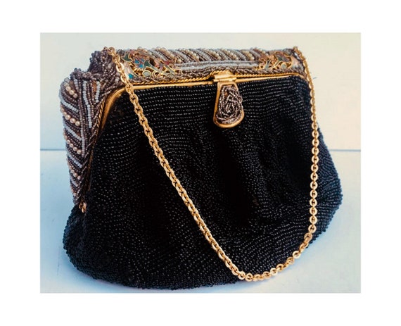 Vintage Deco Black Beaded Evening Bag Chain Clutch Bags by 