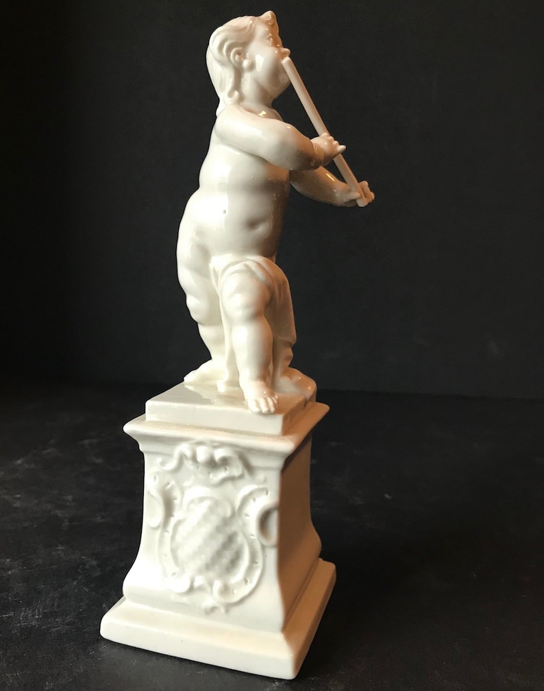 Antique Nymphenburg White Porcelain Musical Cherub Figurine Playing the