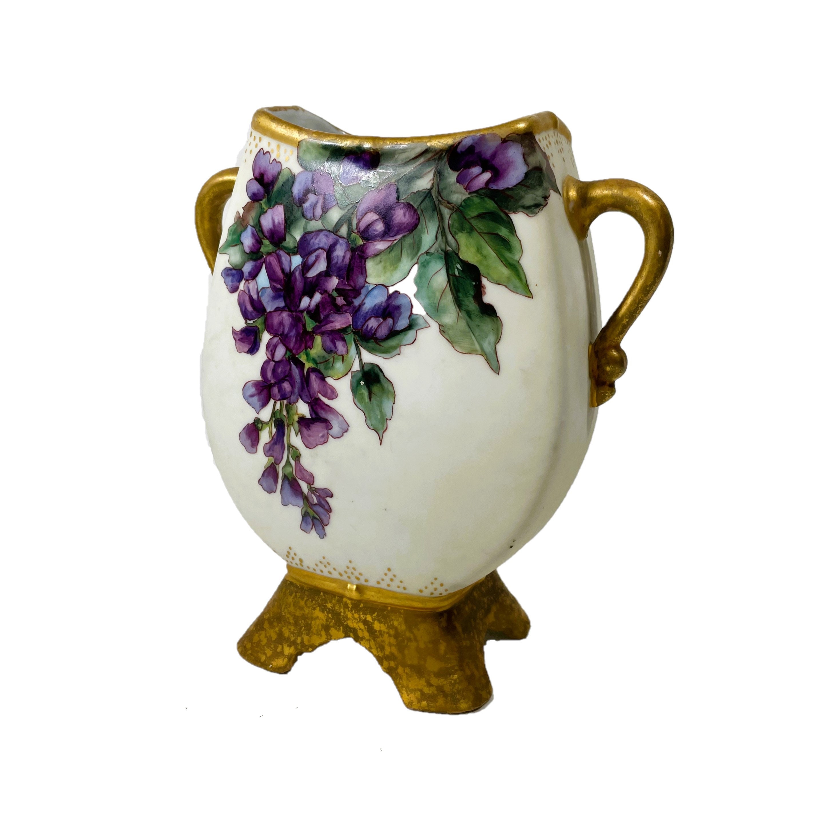 ❁フランスリモージュ❁Ｗハンドル花瓶❁未使用品 アンティーク リモージュ、フランス製手描きのダブルハンドル付き磁器