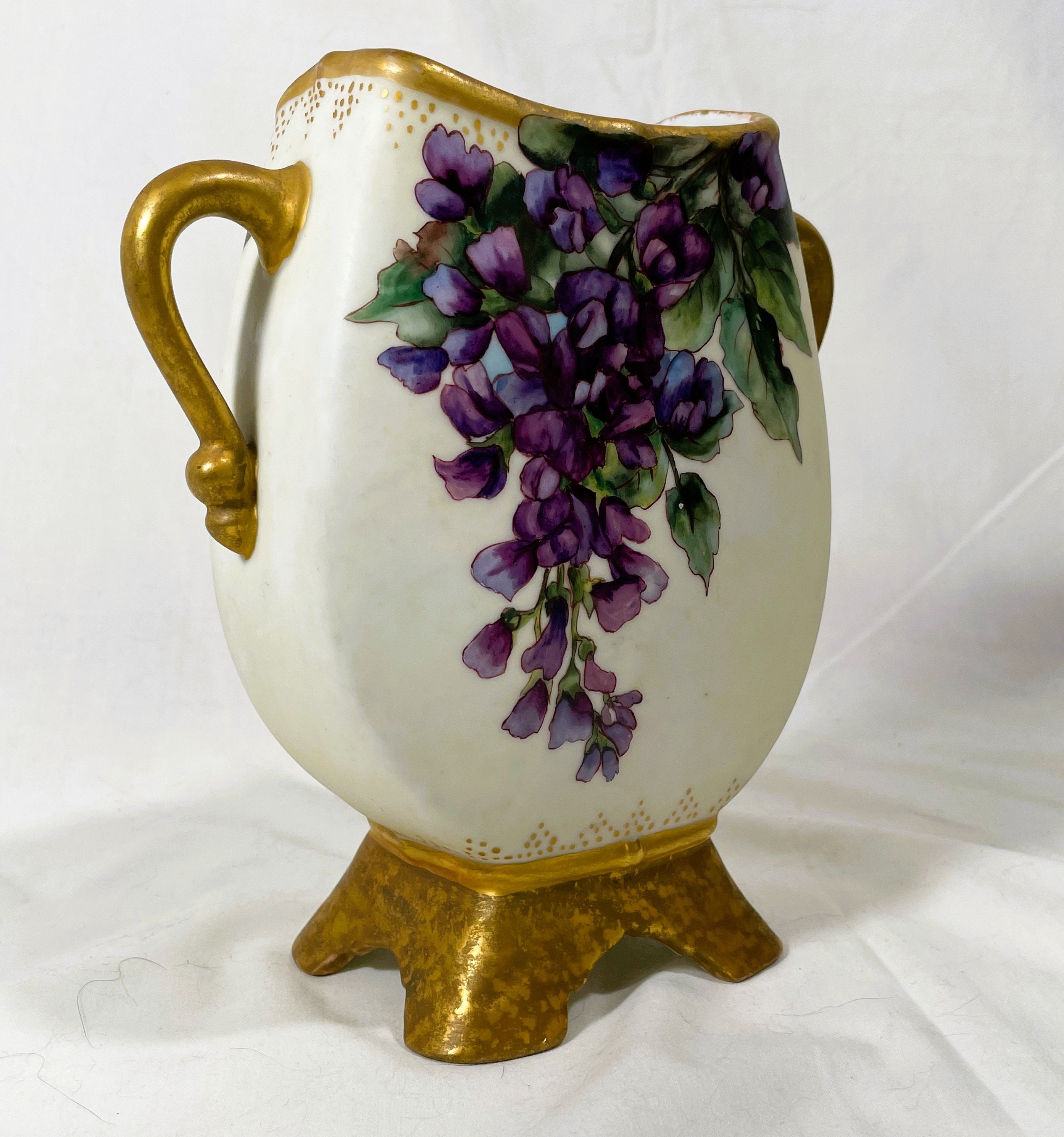 ❁フランスリモージュ❁Ｗハンドル花瓶❁未使用品 アンティーク リモージュ、フランス製手描きのダブルハンドル付き磁器