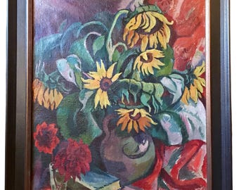 Expressive Realism Oil Painting Still Life of Sunflowers. Signed E. Gotzmann. Female Artist.