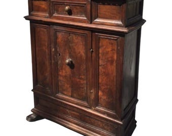 17th Century Renaissance Tuscan Walnut Credenzino. Antique Italian Walnut Small Credenza.