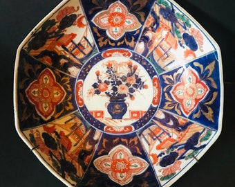 Large Antique Imari Bowl, Meiji Period Japanese Centerpiece, Decorative Octagonal Porcelain, Blue, Copper, Red