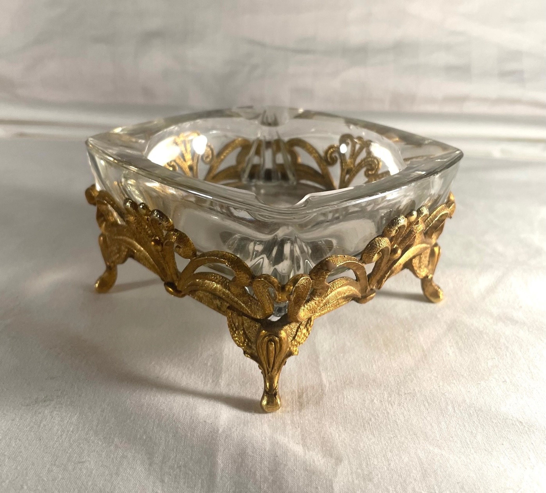 Cendrier Ancien Cristal Taillé Et Bronze Doré - France