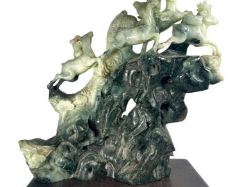Antique Carved Chinese Green Jade 'phoenix' Boulder Statue