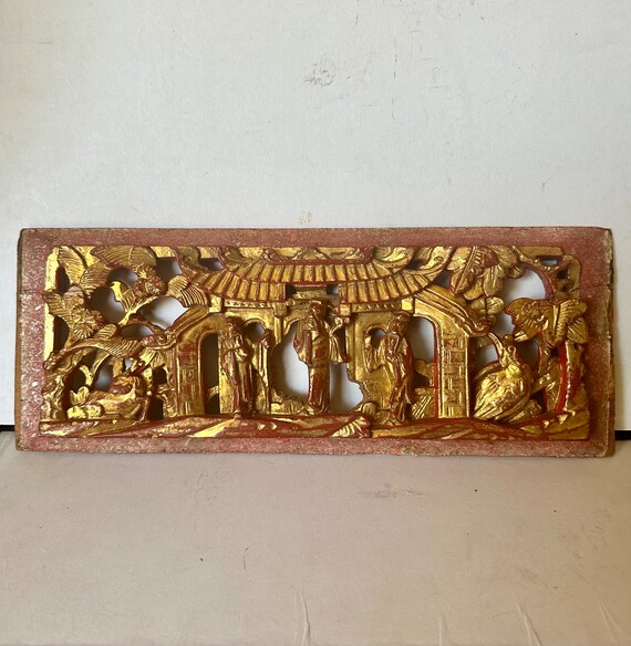 Antique Chinese Panel Giltwood Carving, Carved Wood Wall Hanging Art, Asian Architectural Element. Unique Original Handmade Gift.